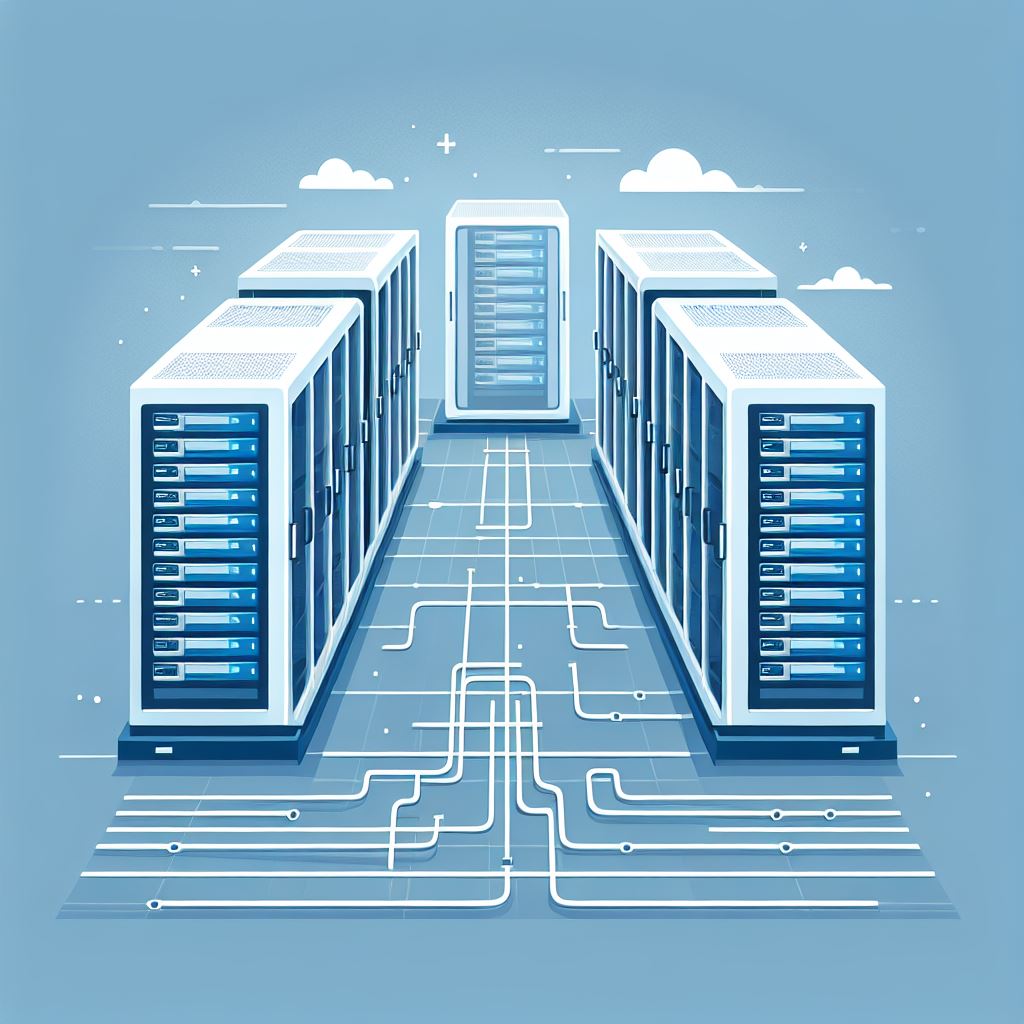 A modern, flat-style illustration of a data center without people, in blue and white tones. The imag (1)