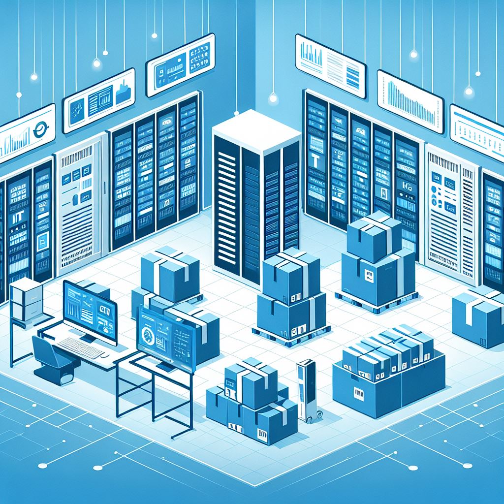 A modern, flat-style illustration of a fulfillment center with a strong IT focus. The image should b